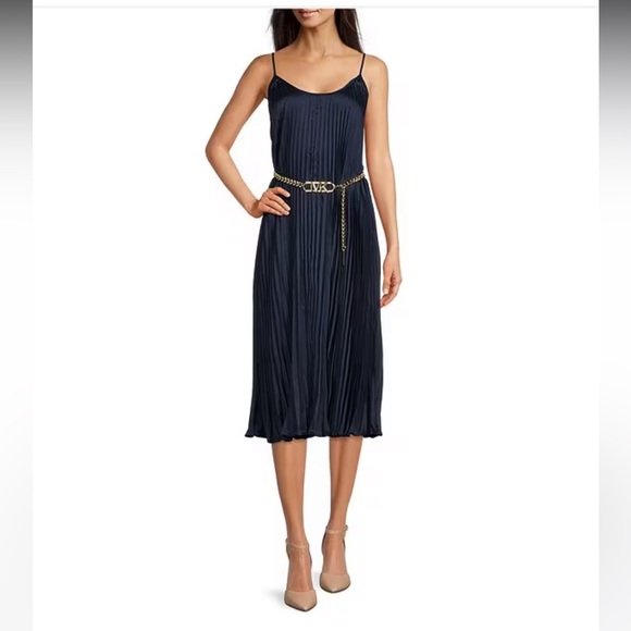 NWT MICHAEL MICHAEL KORS Pleated Satin Belted Slip Dress - Picture 3 of 9